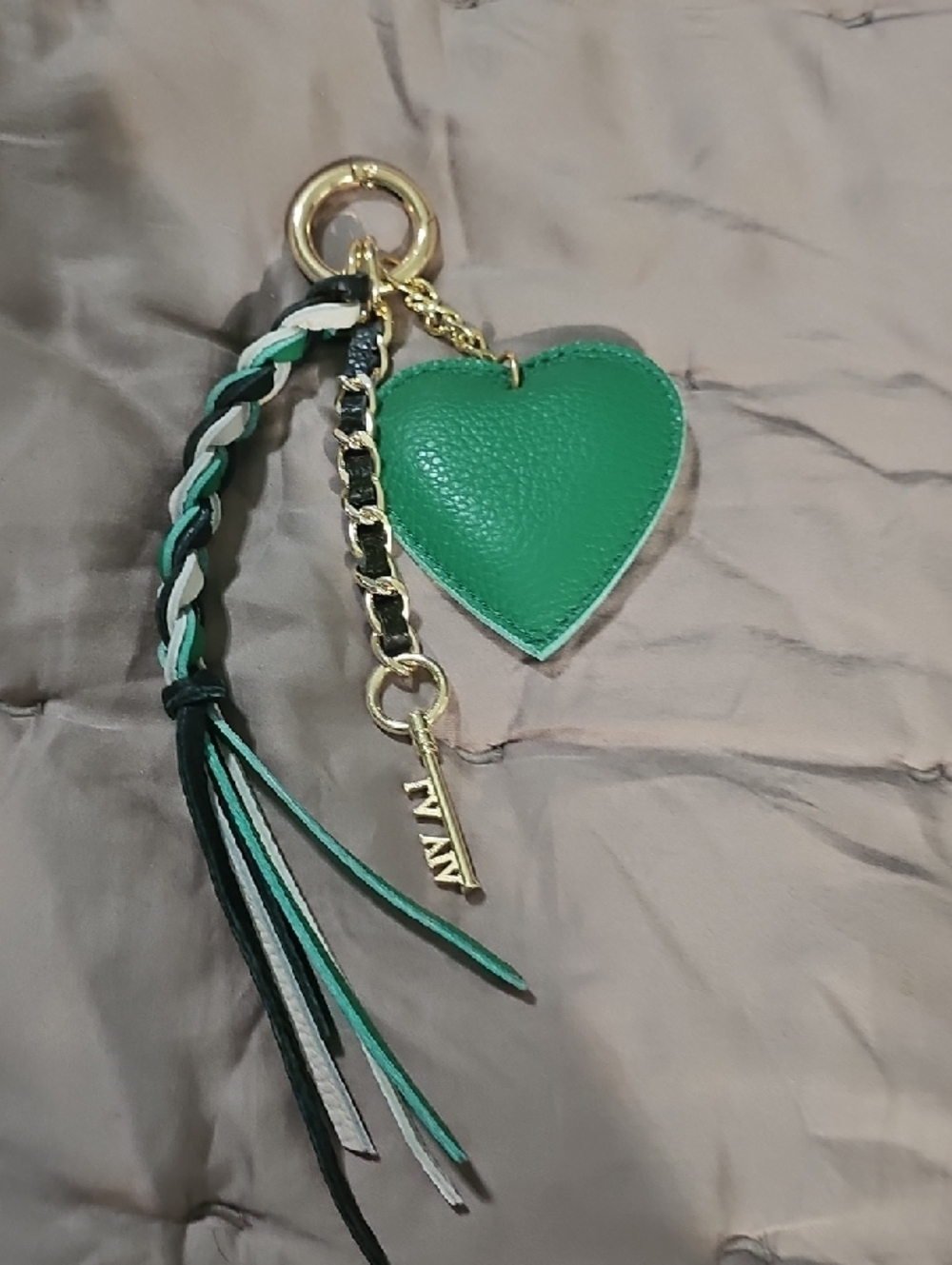 Green Heart Tassel Key‎ & Card Holder Charm with Gold Key Accent